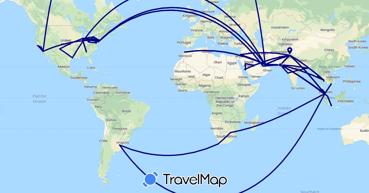 TravelMap itinerary: driving in United Arab Emirates, Argentina, Indonesia, India, Jordan, Morocco, Myanmar (Burma), Malaysia, Pakistan, Saudi Arabia, Singapore, Thailand, United States, Vietnam, South Africa (Africa, Asia, North America, South America)